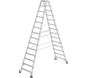 Munk Aluminium dubbele trap, 2x14 treden, verrijdbaar Munk Aluminium dubbele trap, 2x14 treden, verrijdbaar