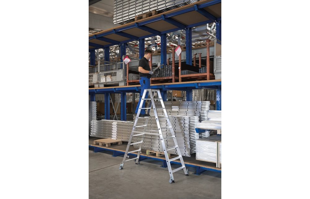 Aluminium dubbele trap, 2x5 treden, verrijdbaar