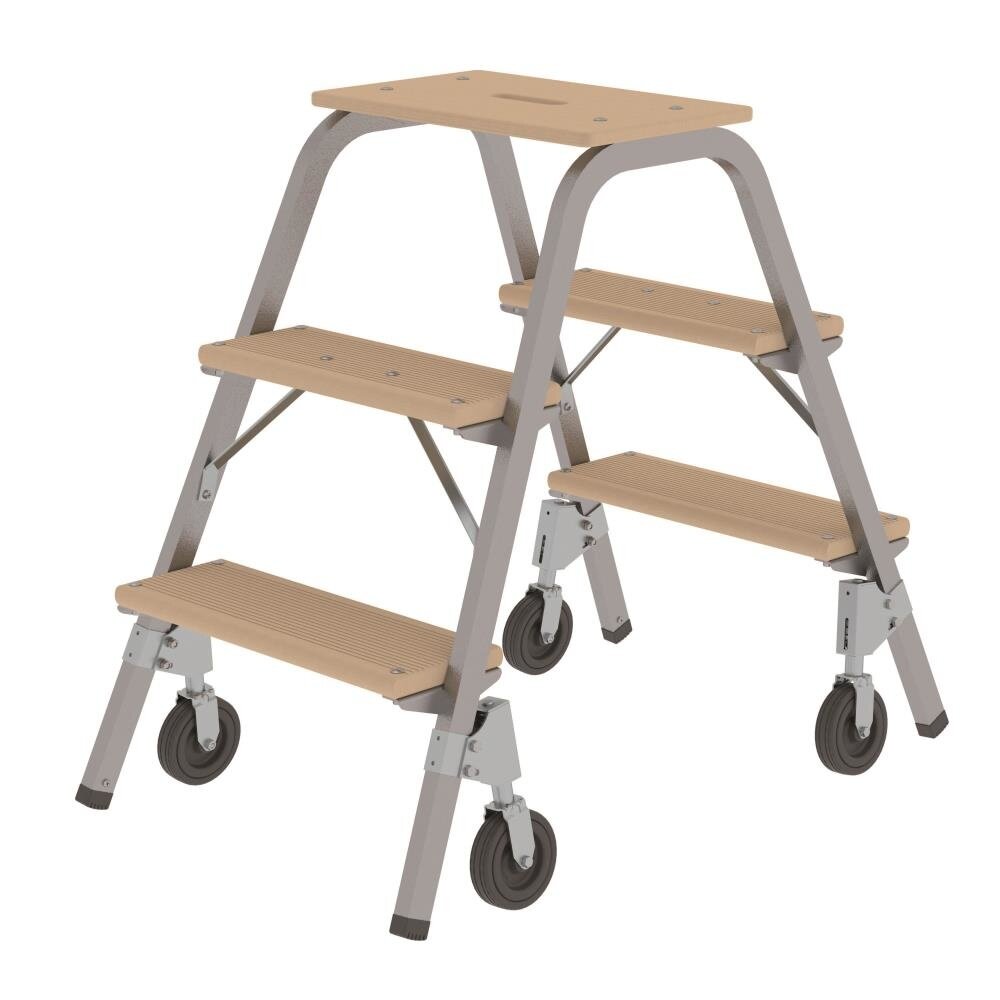 Roossien Stalen opstap met 3 houten treden, bokwielen en drukveer rem