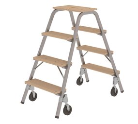 Munk Stalen opstap met 4 houten treden, bokwielen en drukveer rem