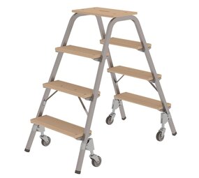 Roossien Stalen opstap met 4 houten treden, zwenkwielen en drukveer rem