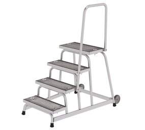 Roossien Verrijdbare plateautrap, 4 staal roostertreden met handleuning
