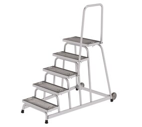 Roossien Verrijdbare plateautrap, 5 staal roostertreden met handleuning