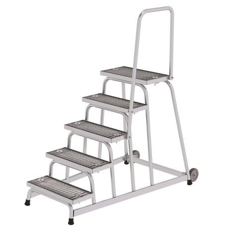 Roossien Verrijdbare plateautrap, 5 staal roostertreden met handleuning