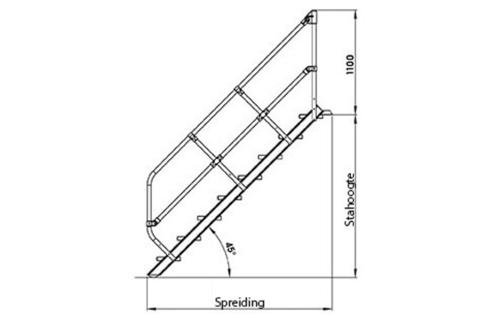 Aluminium vaste trap 45°, 4 treden (600mm breed)