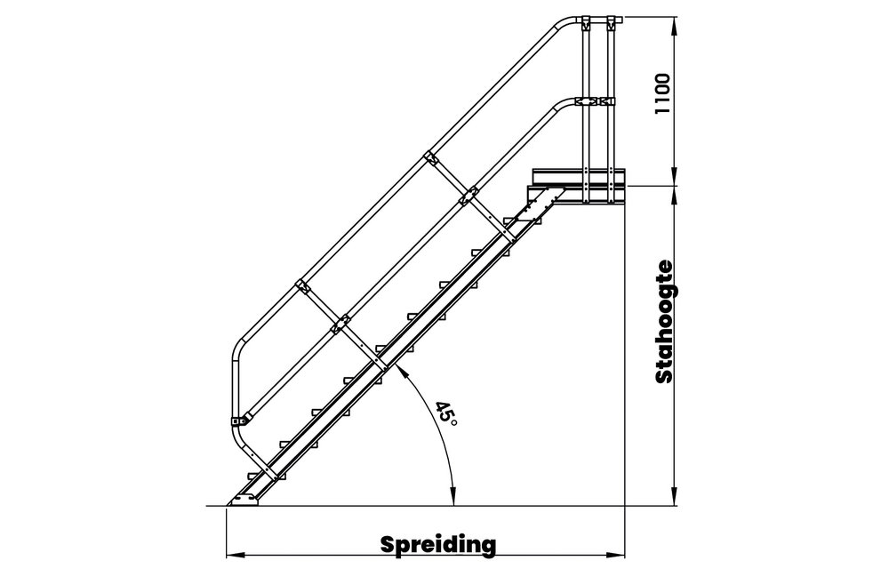 Vaste trap met platform 45°, 4 treden (800mm breed)