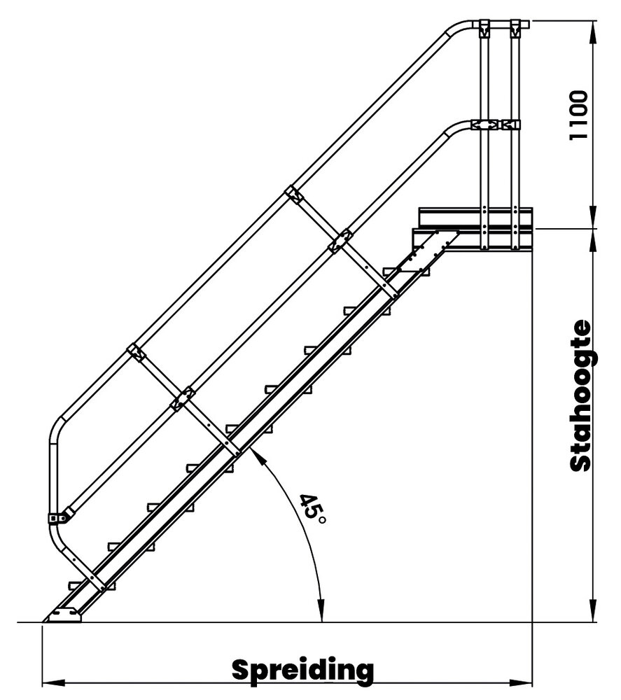 Munk Vaste trap met platform 45°, 14 treden (600mm breed) Munk Vaste trap met platform 45°, 14 treden (600mm breed)