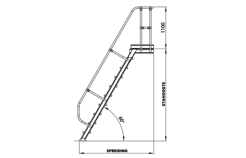 Vaste trap met platform 60°, 10 treden (1.000mm breed)