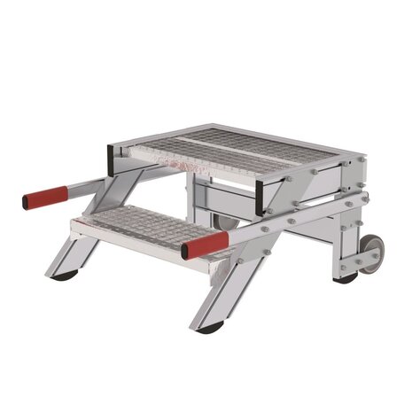 Roossien Verrijdbare plateautrap, 2 roostertreden en handgrepen (600mm breed)