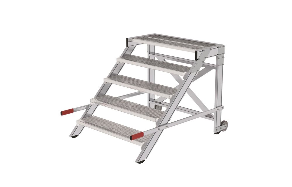Verrijdbare plateautrap, 5 roostertreden en handgrepen (1.000mm breed)