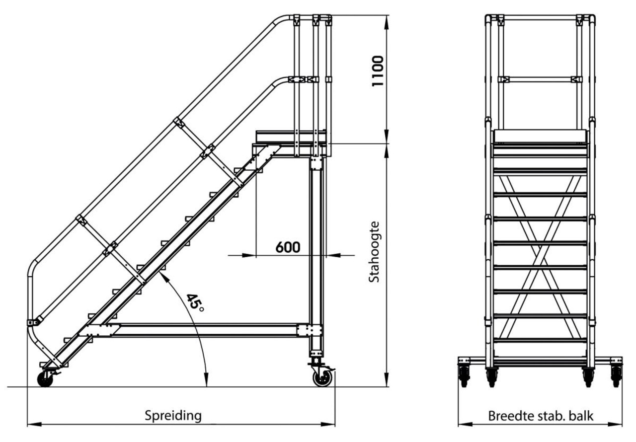 Munk Vliegtuigtrap 5 treden (1.000mm), 45° Munk Vliegtuigtrap 5 treden (1.000mm), 45°