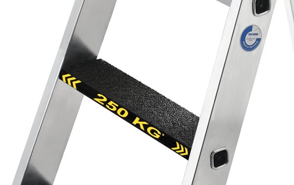 Munk Aluminium dubbele trap 2x7 treden, 250kg belastbaar (anti-slip R13 Korund) Munk Aluminium dubbele trap 2x7 treden, 250kg belastbaar (anti-slip R13 Korund)