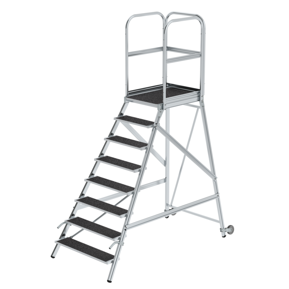 Roossien Aluminium verrijdbare bordestrap 8 treden met handgrepen (anti-slip R13 Korund)