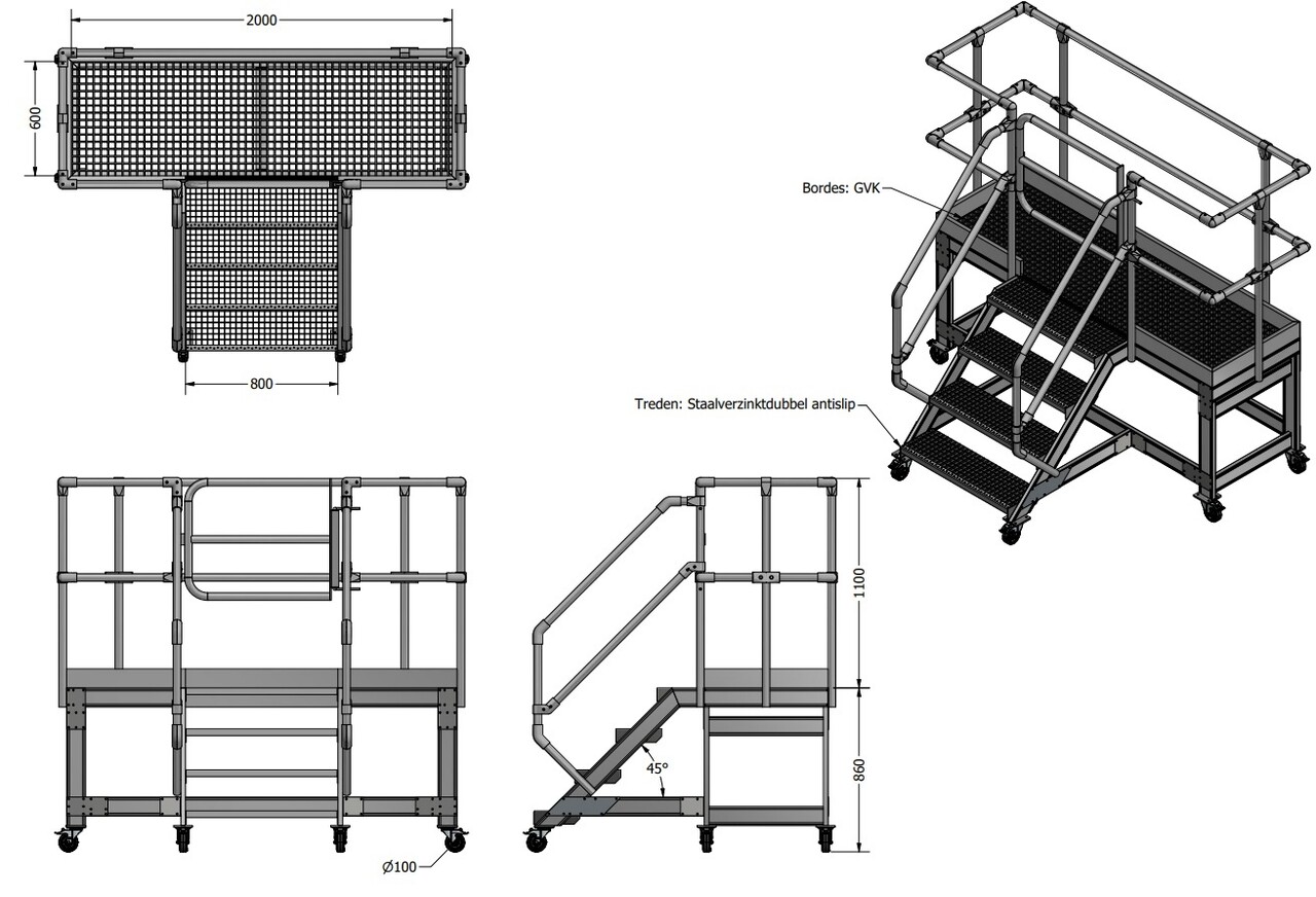 Roossien Verrijdbare platformtrap met extra breed bordes