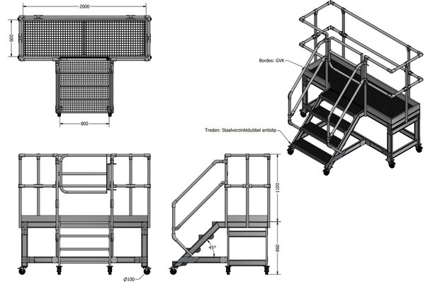 Roossien Verrijdbare platformtrap met extra breed bordes