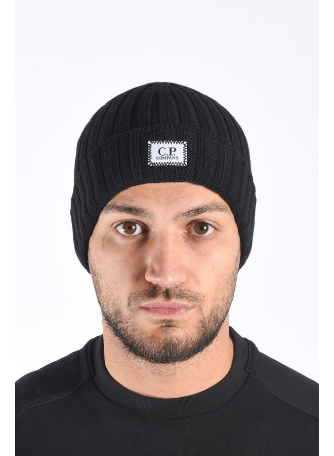 CP Company FW25 - Exrafine Merino Wool Knit Hat Logo - Black