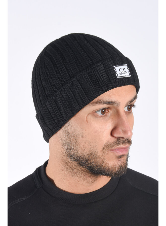 CP Company FW25 - Exrafine Merino Wool Knit Hat Logo - Black