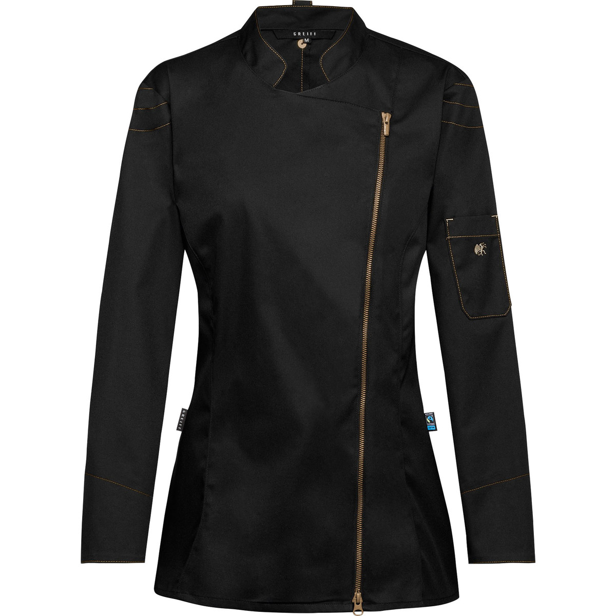 Kochjacke Damen, Kontrast-RV gold-bronze , langarm, schwarz Gr. XL