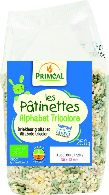 Primeal Primeal Pasta dreifarbiges Alphabet Bio (250 gr)