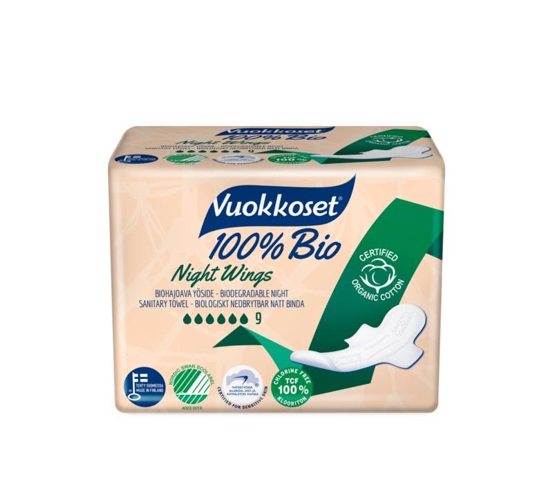 Vuokkoset Bio Damenbinde Nachtflügel (9 Stück)