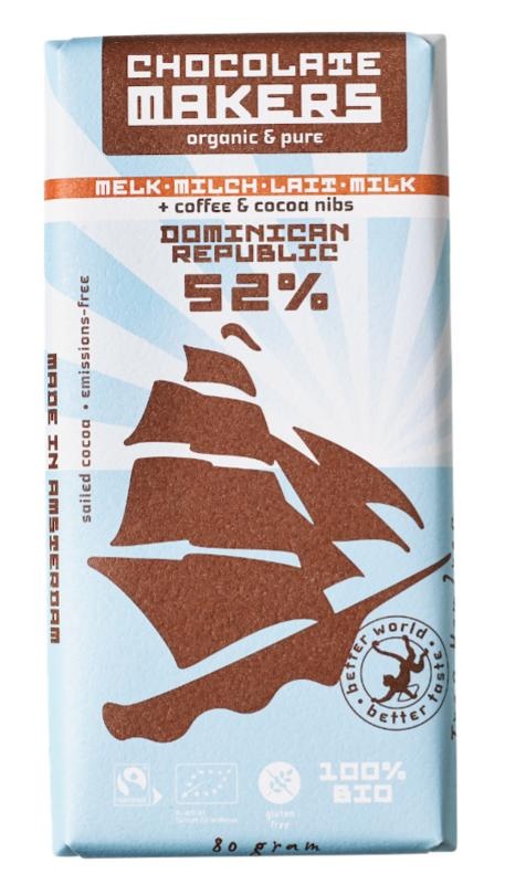 Chocolatemakers Bar tres hombres 52 % Milch, Kakaonibs und Kaffee, Bio (80 Gramm)