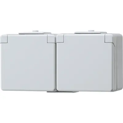 JUNG wandcontactdoos 2-voudig randaarde met klapdeksel horizontaal opbouw IP44 WG600 (622 NW)