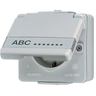 JUNG wandcontactdoos randaarde met klapdeksel en tekstkader opbouw IP44 WG600 (620 NAW)