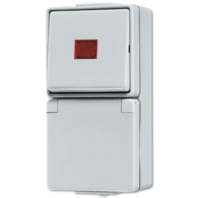 JUNG combinatie wisselschakelaar /wandcontactdoos randaarde met controleverlichting opbouw IP44 WG600 (676 KOW)