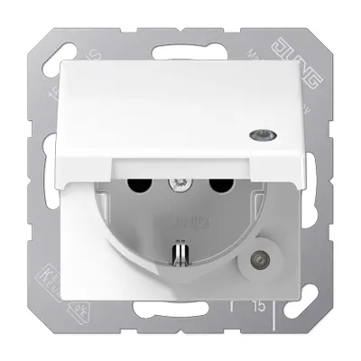 JUNG wandcontactdoos randaarde Safety+ met functie-indicatie en klapdeksel AS500 alpine wit (AS 1520 BFKLKO WW)