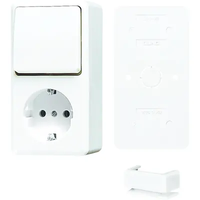 JUNG combinatie wisselschakelaar/wandcontactdoos opbouw randaarde incl. bodemplaat AP600 alpine wit (B 676 A WW)