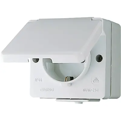 JUNG wandcontactdoos randaarde schroefklem met klapdeksel opbouw IP44 (621 W-1)