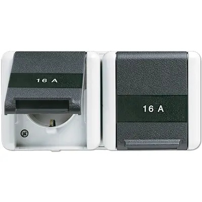 JUNG wandcontactdoos 16A 2-voudig randaarde Safety+ opbouw IP44 horizontaal WG800 (8220 KINAW)