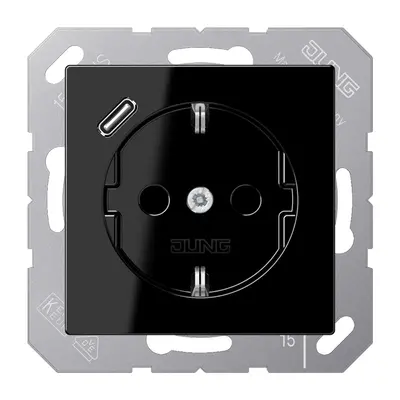JUNG wandcontactdoos randaarde Safety+ met USB-C A-range zwart glans (A 1520-18 C SW)