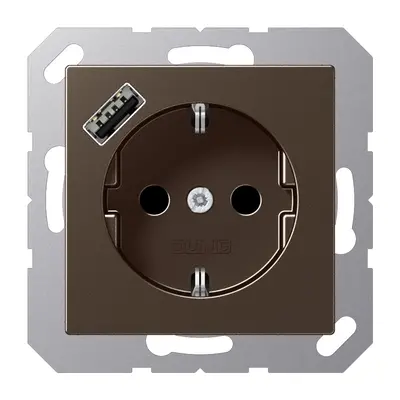 JUNG wandcontactdoos randaarde Safety+ met USB-A A-range mokka (A 1520-18 A MO)