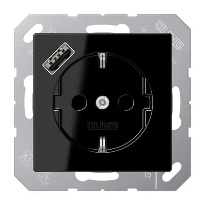 JUNG wandcontactdoos randaarde Safety+ met USB-A A-range zwart glans (A 1520-18 A SW)