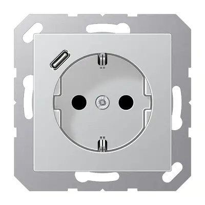 JUNG wandcontactdoos randaarde Safety+ met USB-C A-range aluminium (A 1520-18 C AL)