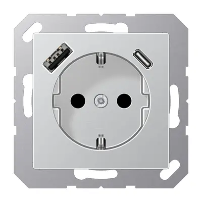 JUNG wandcontactdoos randaarde Safety+ met USB type A en C A-range aluminium (A 1520-15 CA AL)