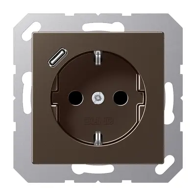 JUNG wandcontactdoos randaarde Safety+ met USB-C A-range mokka (A 1520-18 C MO)
