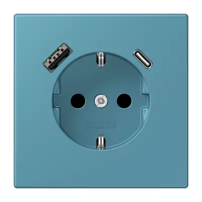 JUNG wandcontactdoos randaarde Safety+ met USB type A en C Les Couleurs ceruleen vif 212 (LC 1520-15 CA 212)