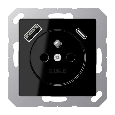 JUNG wandcontactdoos penaarde Safety+ met USB type A en C A-range zwart glans (A 1520 F-15 CA SW)