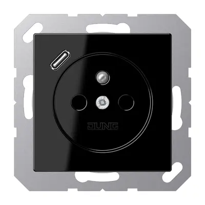 JUNG wandcontactdoos penaarde Safety+ met USB type C A-range zwart glans (A 1520 F-18 C SW)