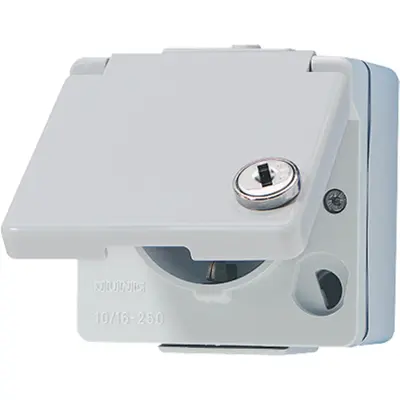 JUNG wandcontactdoos randaarde met klapdeksel en slot opbouw IP44 WG600 (620 WSL)