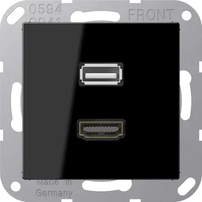 JUNG centraalplaat met draagring en 1 x USB-A en 1 x HDMI koppeling A-range zwart glans (MA A 1163 SW)