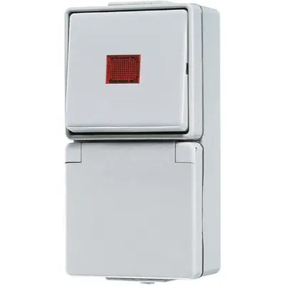 JUNG combinatie wisselschakelaar /wandcontactdoos randaarde met controleverlichting opbouw IP44 WG600 (676 KOW)
