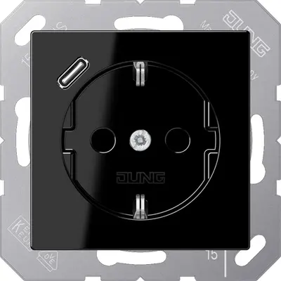 JUNG wandcontactdoos randaarde Safety+ met USB-C A-range zwart glans (A 1520-18 C SW)