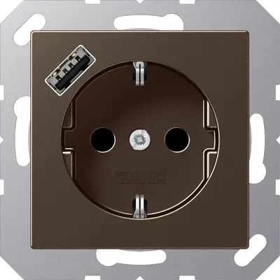 JUNG wandcontactdoos randaarde Safety+ met USB-A A-range mokka (A 1520-18 A MO)
