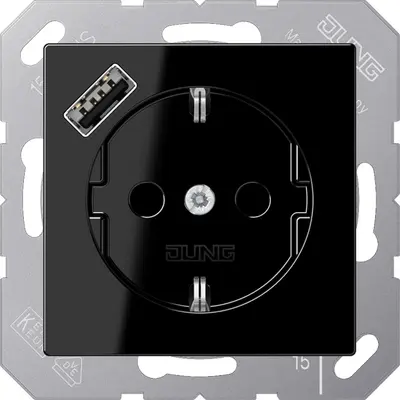 JUNG wandcontactdoos randaarde Safety+ met USB-A A-range zwart glans (A 1520-18 A SW)