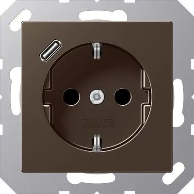 JUNG wandcontactdoos randaarde Safety+ met USB-C A-range mokka (A 1520-18 C MO)