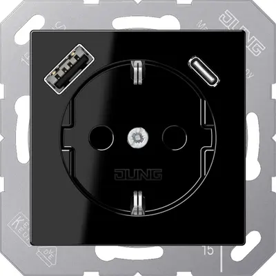 JUNG wandcontactdoos randaarde Safety+ met USB type A en C A-range zwart glans (A 1520-15 CA SW)