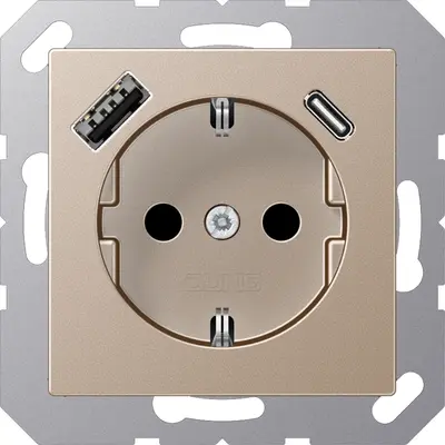 JUNG wandcontactdoos randaarde Safety+ met USB type A en C A-range champagne (A 1520-15 CA CH)